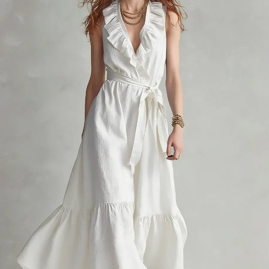 Women's Ruffled V-Neck Maxi Dress with Tie-Waist and Flare Hem - Image 5