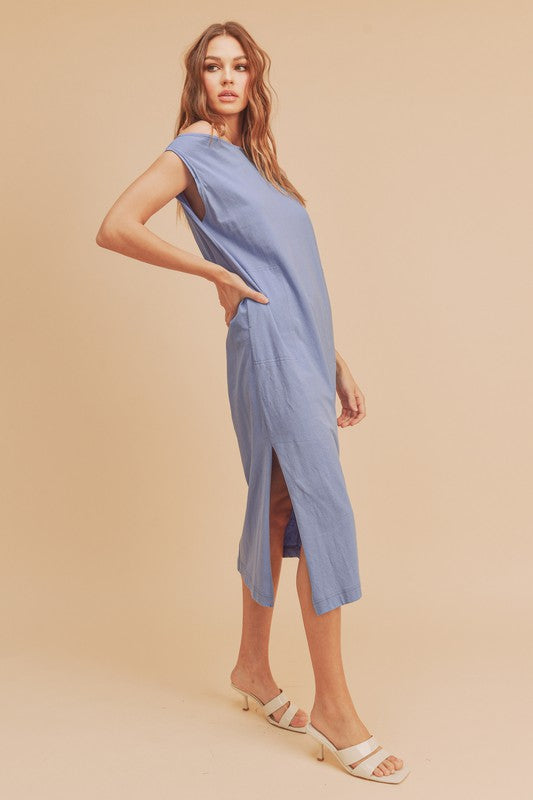 Sleeveless Round Neck Midi Dress with Side Slits