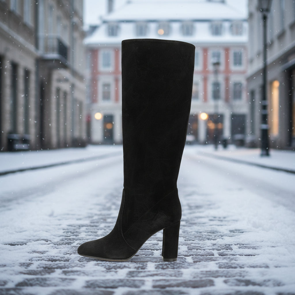 Women’s Suede High Heel Boots | Pleated Thick Heel Pointed Toe