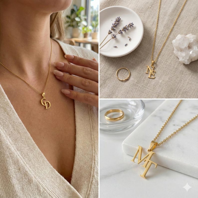 Custom Interwoven Double Letter Pendant Necklace in Gold Tone