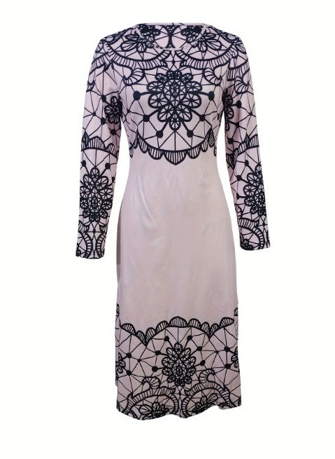 Women's Round Neck Printed Midi Dress with Black Lace Motif - Image 3