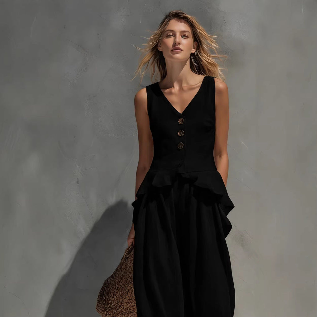 Women's Button-Front Peplum Top and Wide-Leg Pants Two-Piece Set - Image 2