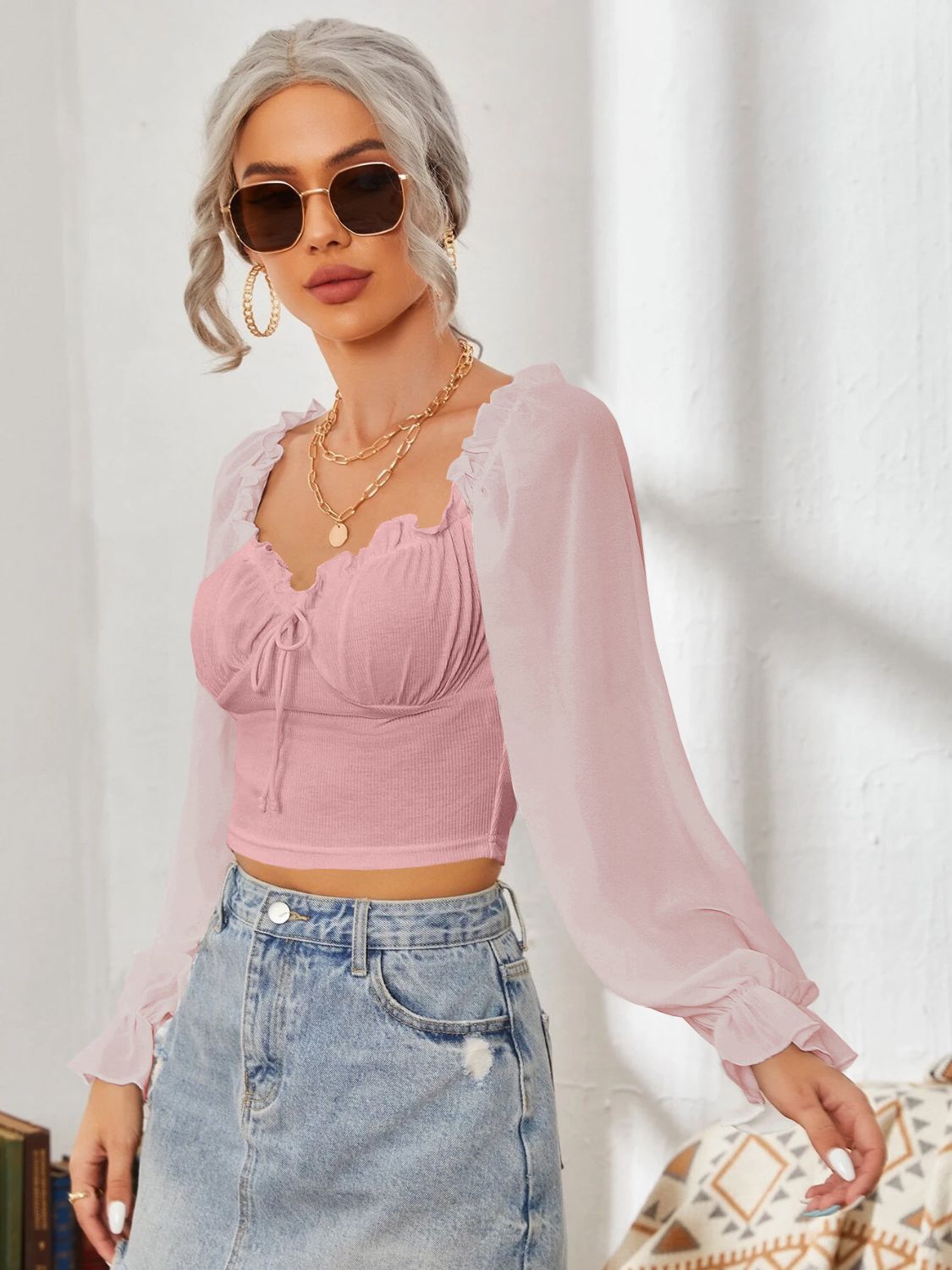 Mesh Sweetheart Neck Flounce Sleeve Top with Ruffled Detail - Image 14
