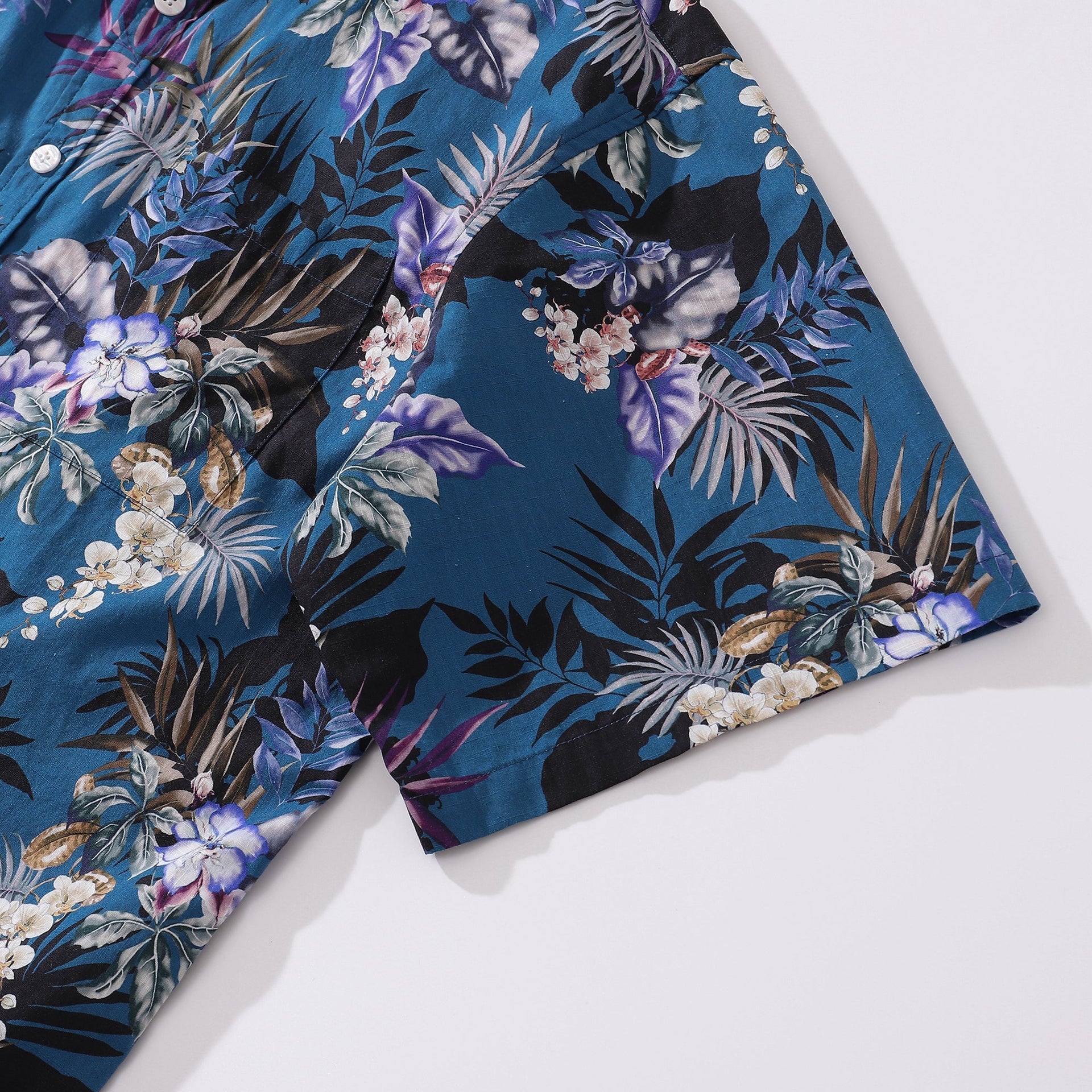 Dark Blue Hand-Painted Orchid Floral Cotton Button-Down Shirt