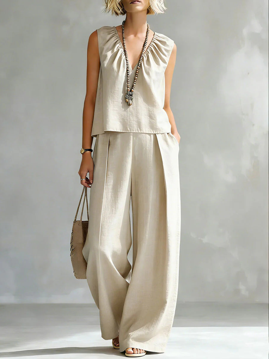 Women's Sleeveless Cotton-Linen Blouse and Wide-Leg Pants Set - Image 6