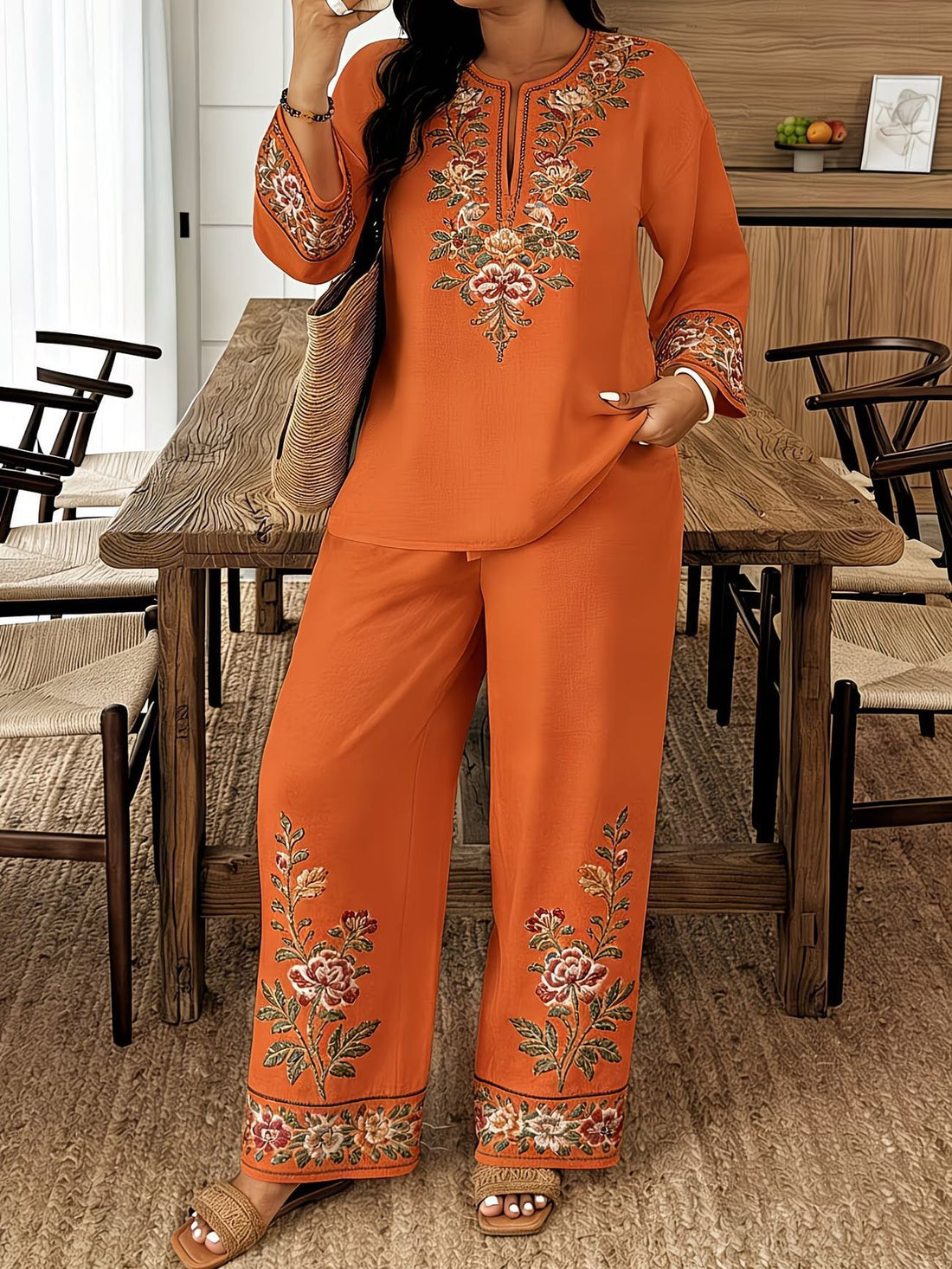 Women's Ethnic Floral Embroidered Long Sleeve Two Piece Set - Image 10