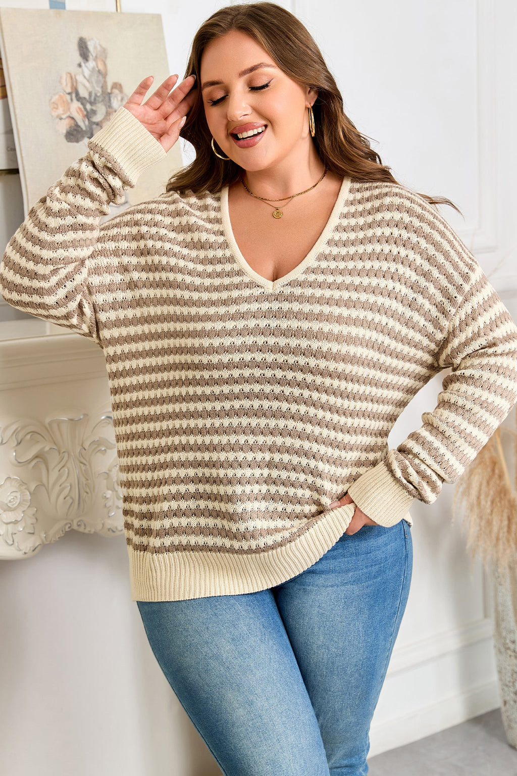 Women's Striped Drop Shoulder V-Neck Sweater in Tan and Cream