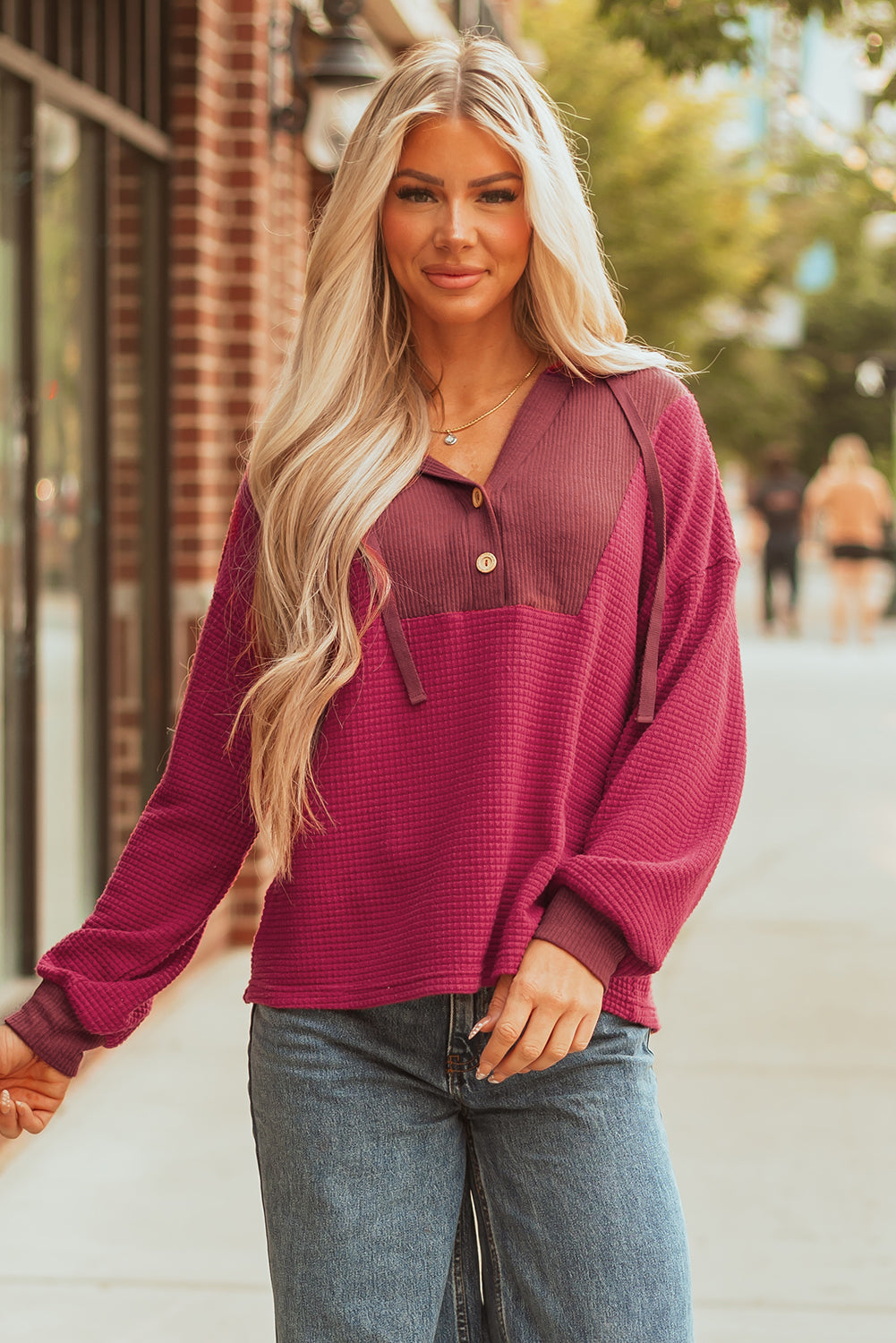 River Waffle Hooded Long Sleeve Top