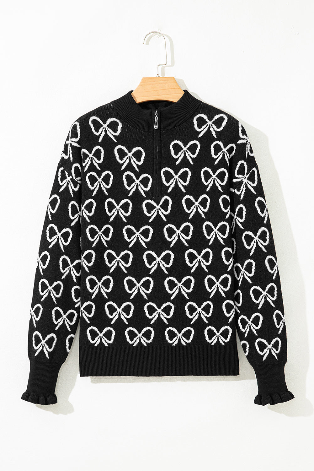 Bow Zipped Collar Drop Shoulder Sweater