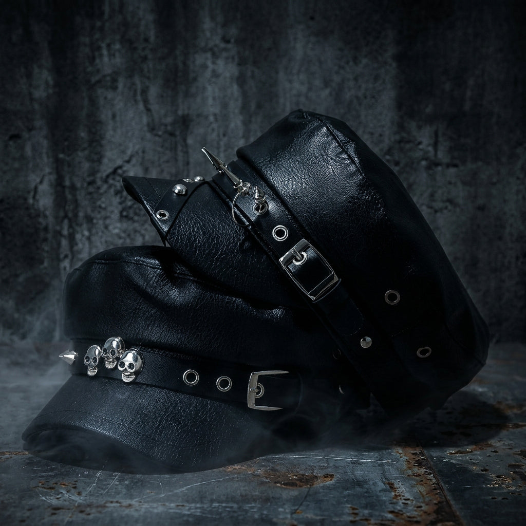 PU Leather Skull Rivet Flat-Top Newsboy Cap – Hip-Hop Streetwear Hat