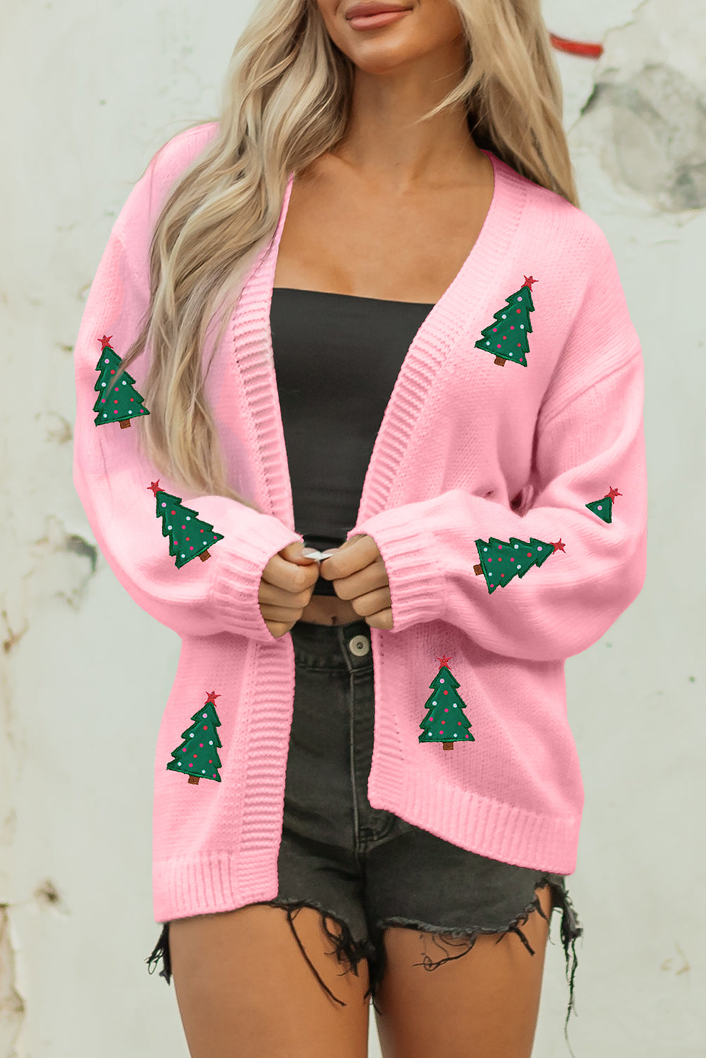 Selena Pink Christmas Tree Pattern Open Front Midi Cardigan - Image 5