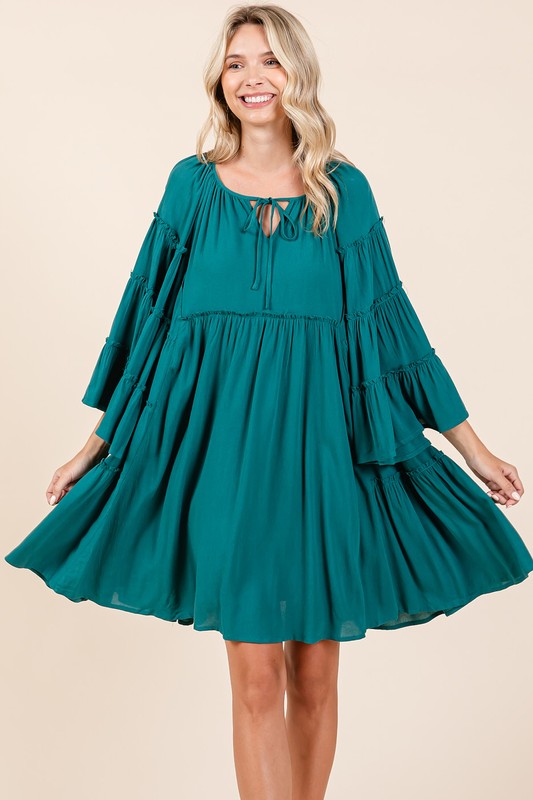 Frill Tie Neck Bell Sleeve Dress – Feminine Sophisticated Dress