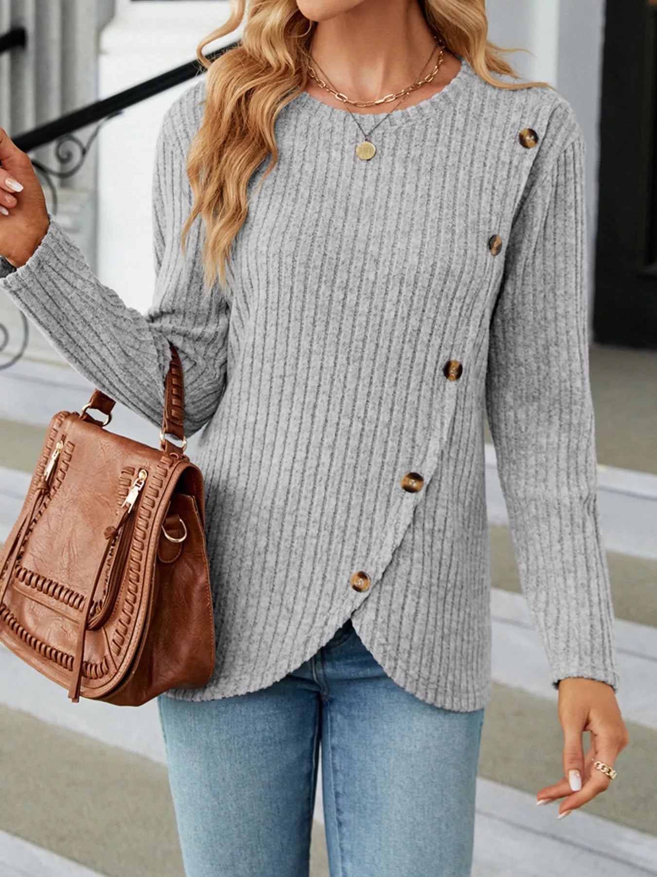 Blue Ribbed Knit Long Sleeve Top with Decorative Button Detail - Image 7