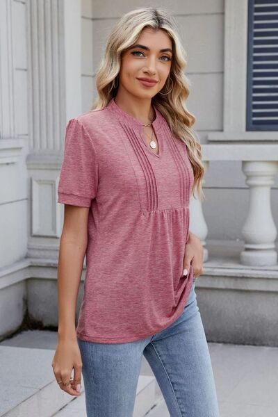 Women's Solid Color Notched Neck Short Sleeve Casual Blouse - Image 5