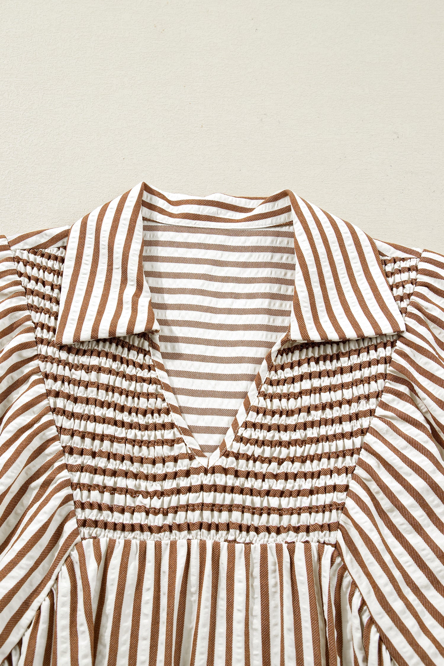 Stripe Shirred V-Neck Blouse with Short Puff Sleeves
