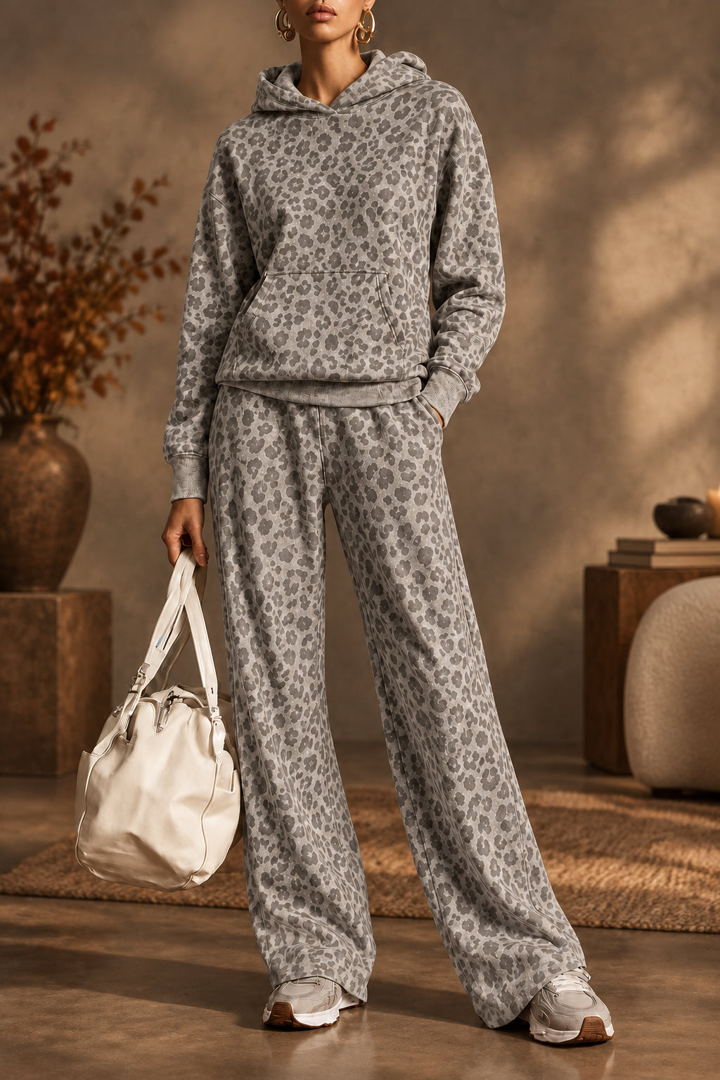 Women's Leopard Print Hoodie & Wide-Leg Pants Two-Piece Set