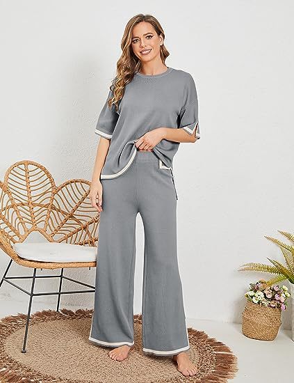 Women's Knit Three-Quarter Sleeve Pullover and Wide Leg Pants Set