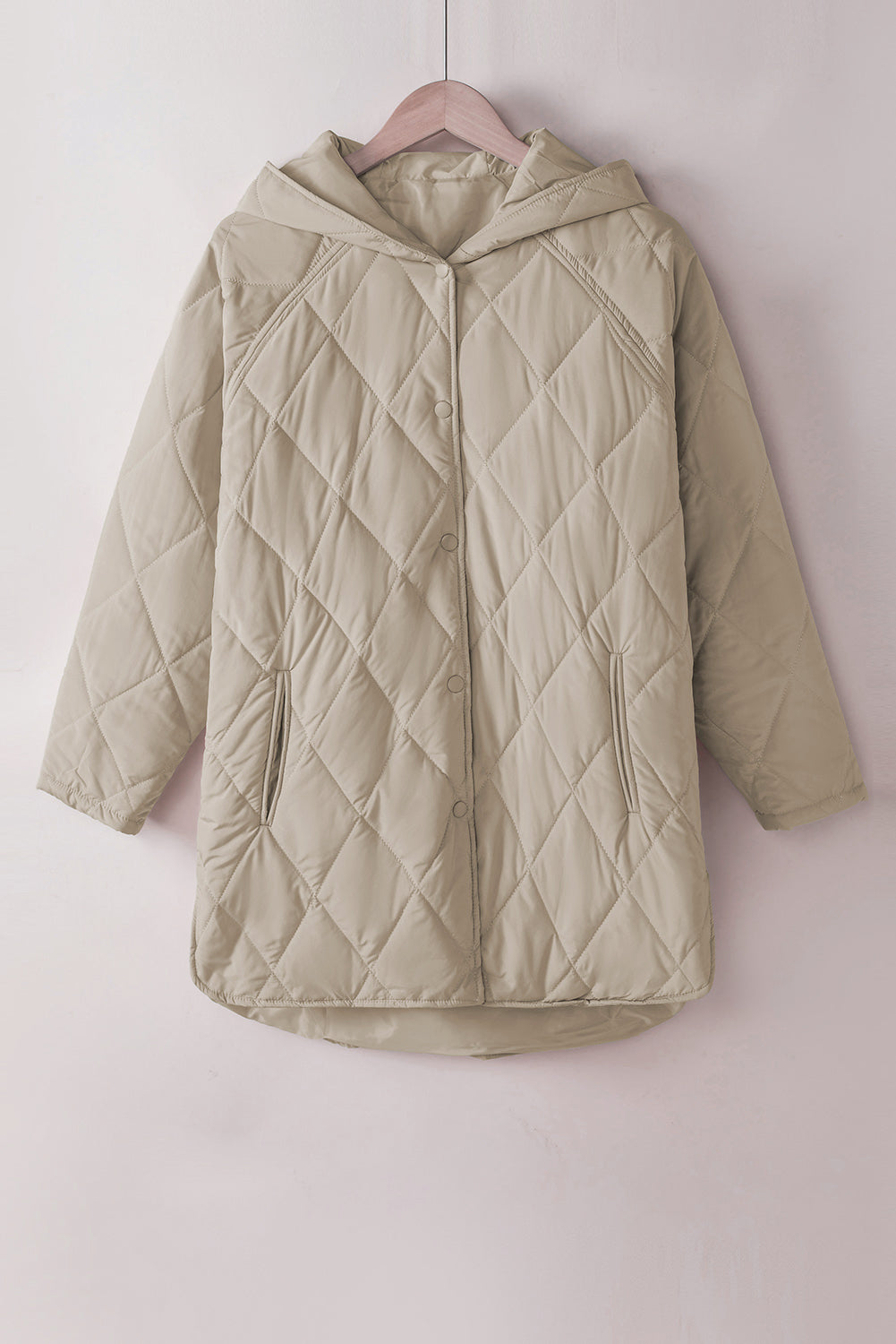 Women's Solid Quilted Snap Button Hooded Puffer Coat in Beige Khaki