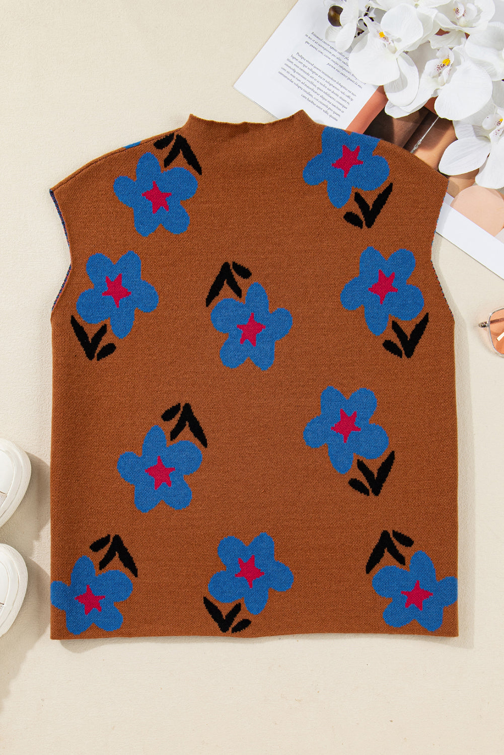 Floral High Neck Sweater Vest