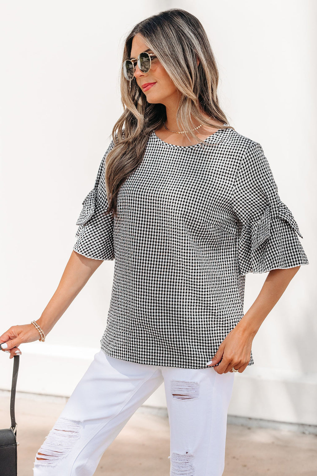 Black Plaid Bow Ruffled Half Sleeve Round Neck Blouse