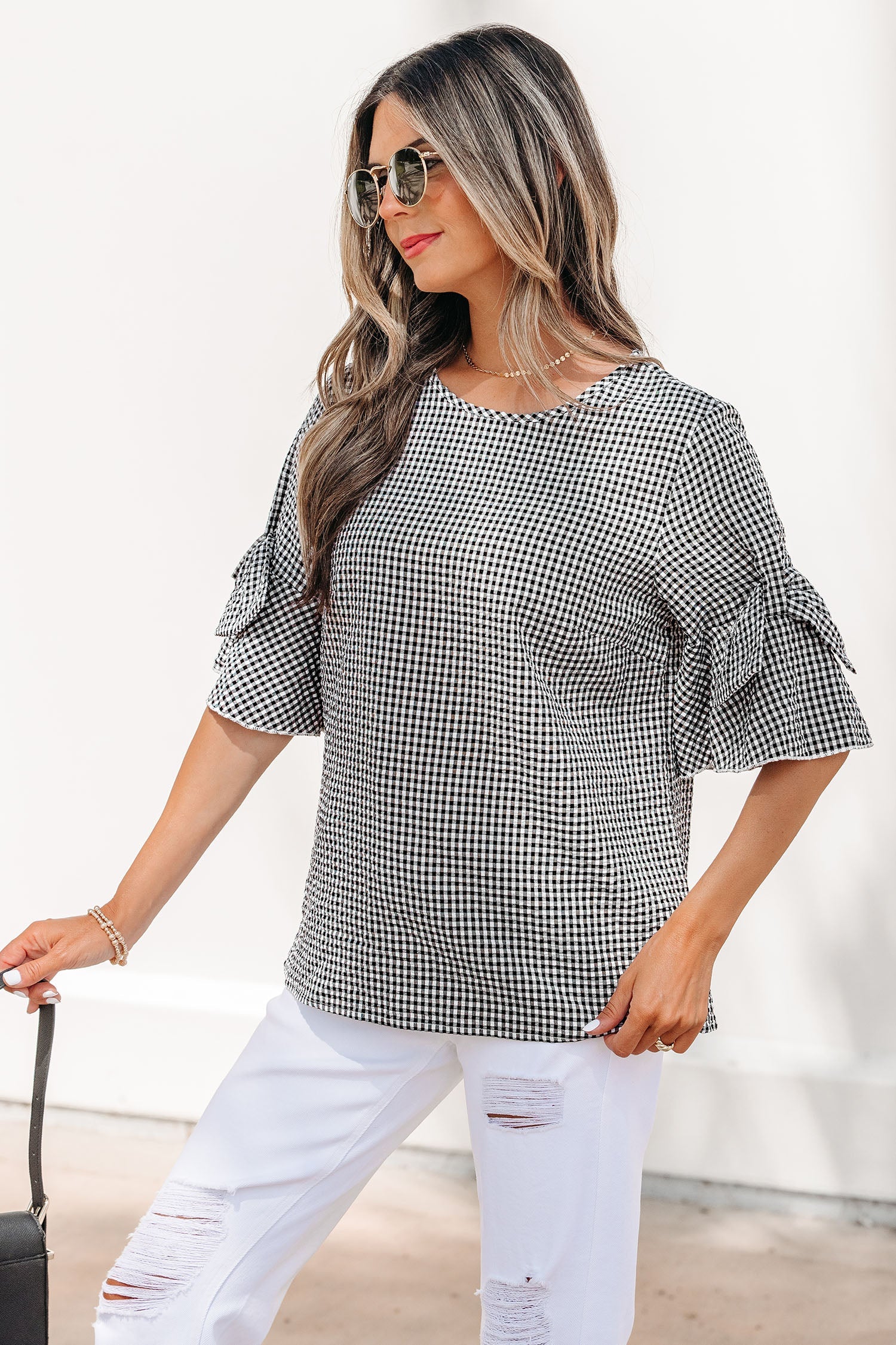 Black Plaid Bow Ruffled Half Sleeve Round Neck Blouse