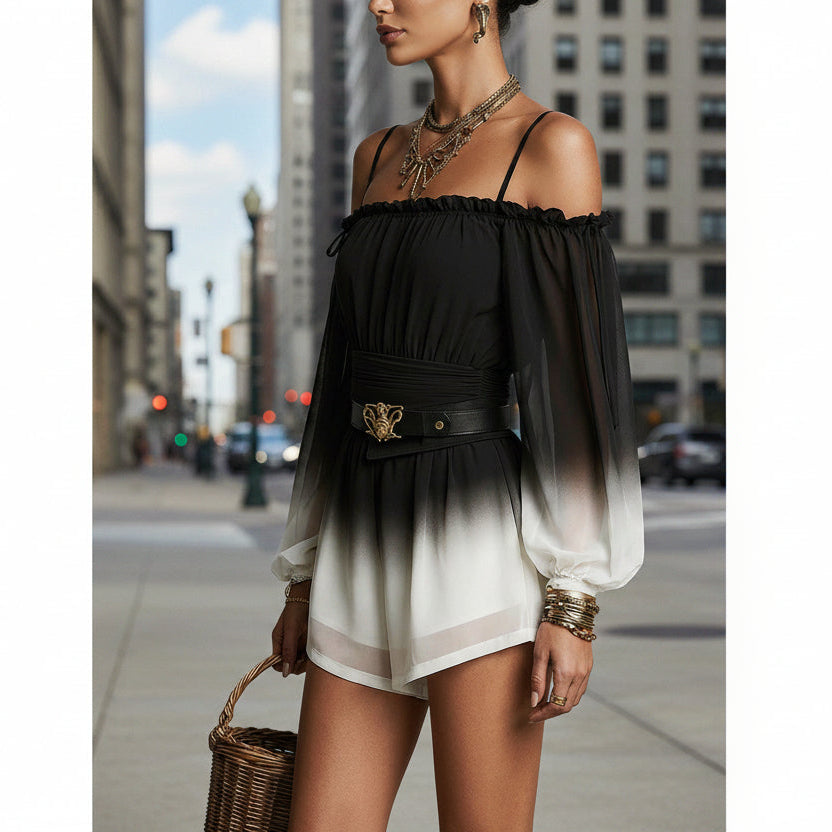 Off-Shoulder Ombre Puff-Sleeve Chiffon Romper with Belt - Image 2