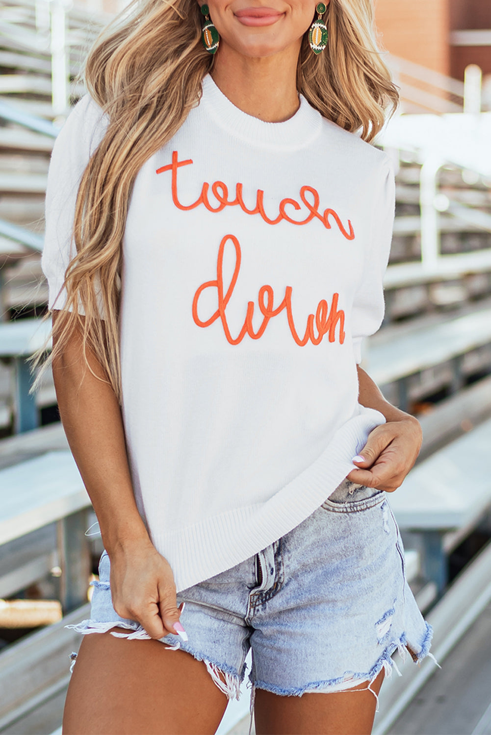 White Touchdown Tinsel Puff Sleeve Crewneck Sweater Football