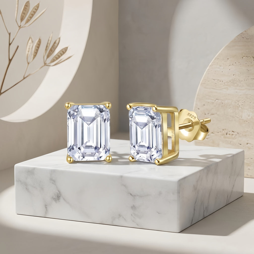 Emerald Cut CZ Stud Earrings in Gold-Plated Sterling Silver