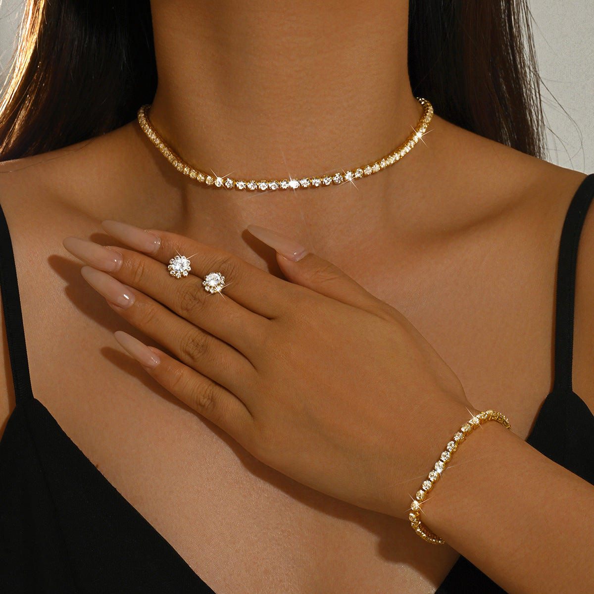Women 3 Pcs Silver Tone Tennis Rhinestone Jewelry Set,Choker Necklace Stud Earrings Bracelet,Classic Costume Accessories For Daily Wedding Banquet Party Occasion