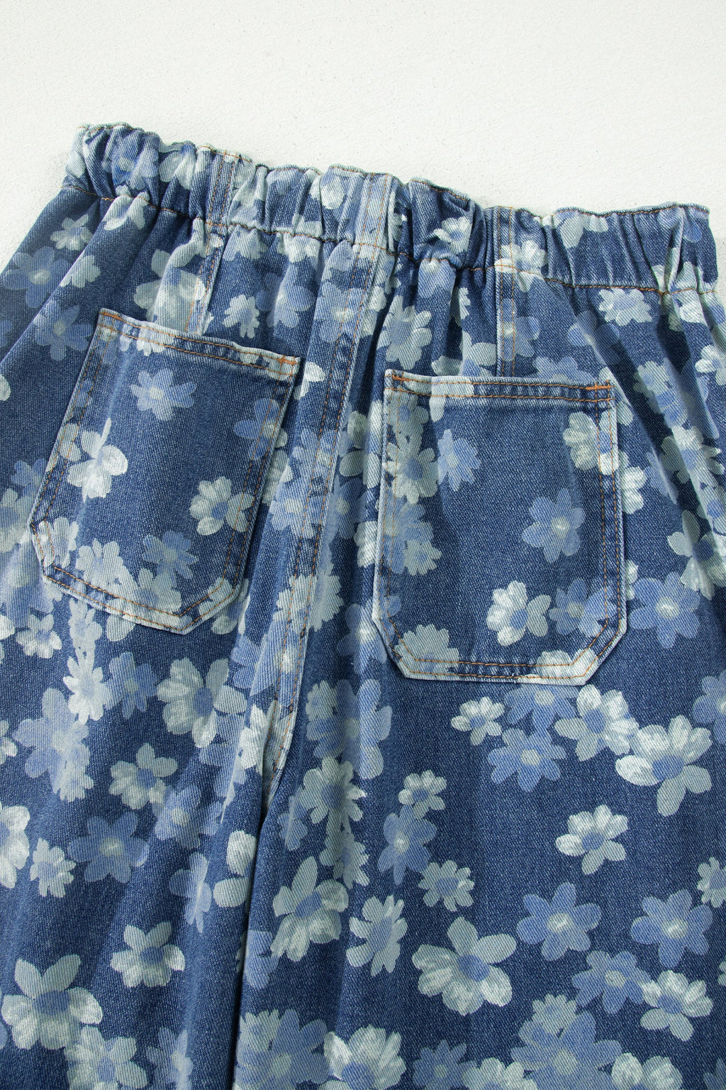 Sky Blue Dainty Floral Print Barrel Leg Drawstring Jeans