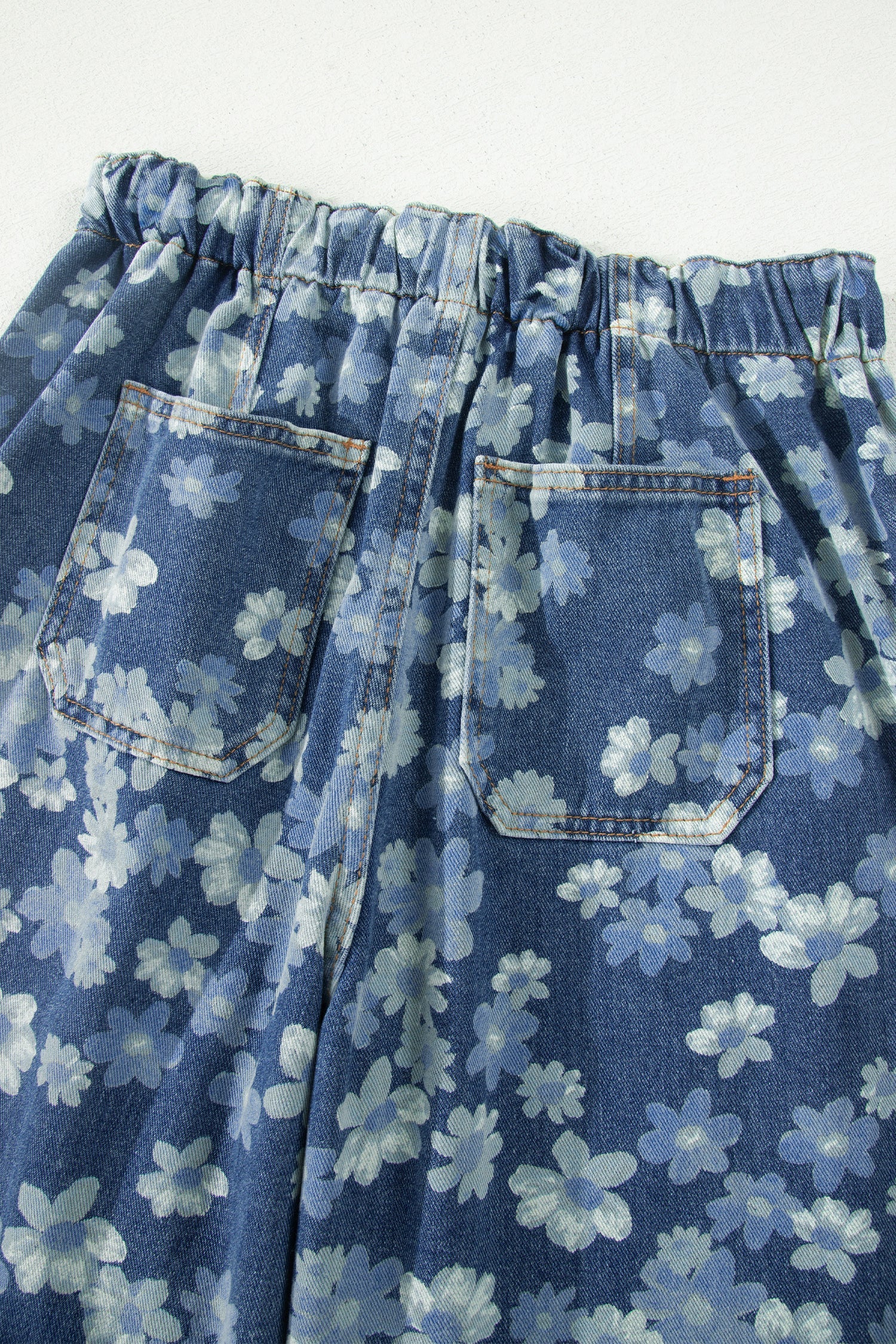 Sky Blue Dainty Floral Print Barrel Leg Drawstring Jeans