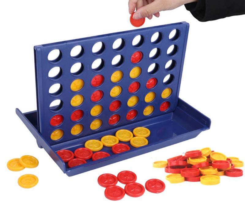 Foldable Connect 4 strategy board game in blue, red, and yellow on a minimalist tabletop