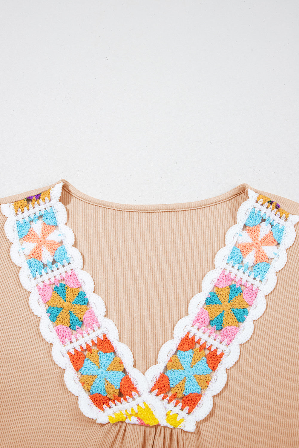 Marianna Textured V-Neck Blouse with Crochet Floral Detailing