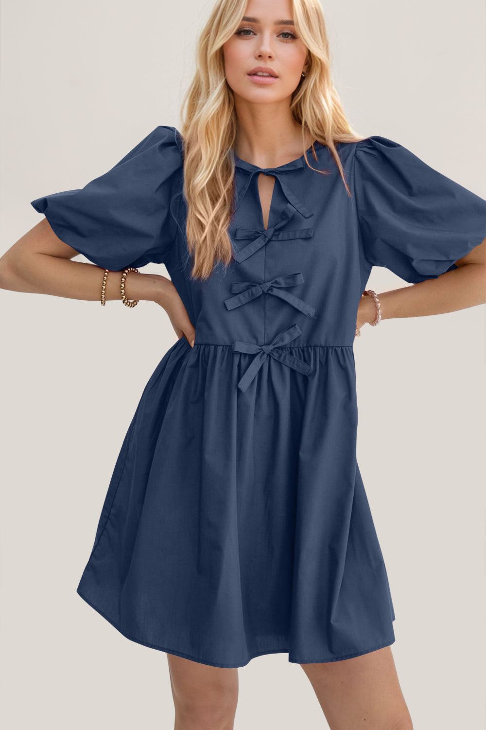 Ruched Puff Sleeve Mini Dress with Bow Detail