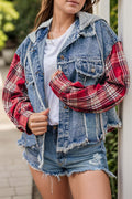 Lady Ros women's denim jacket with red plaid sleeves, grey hood, and raw hem detail
