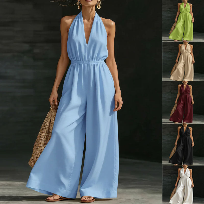 Women’s V-Neck Halter Neck Wide-Leg Sleeveless Jumpsuit