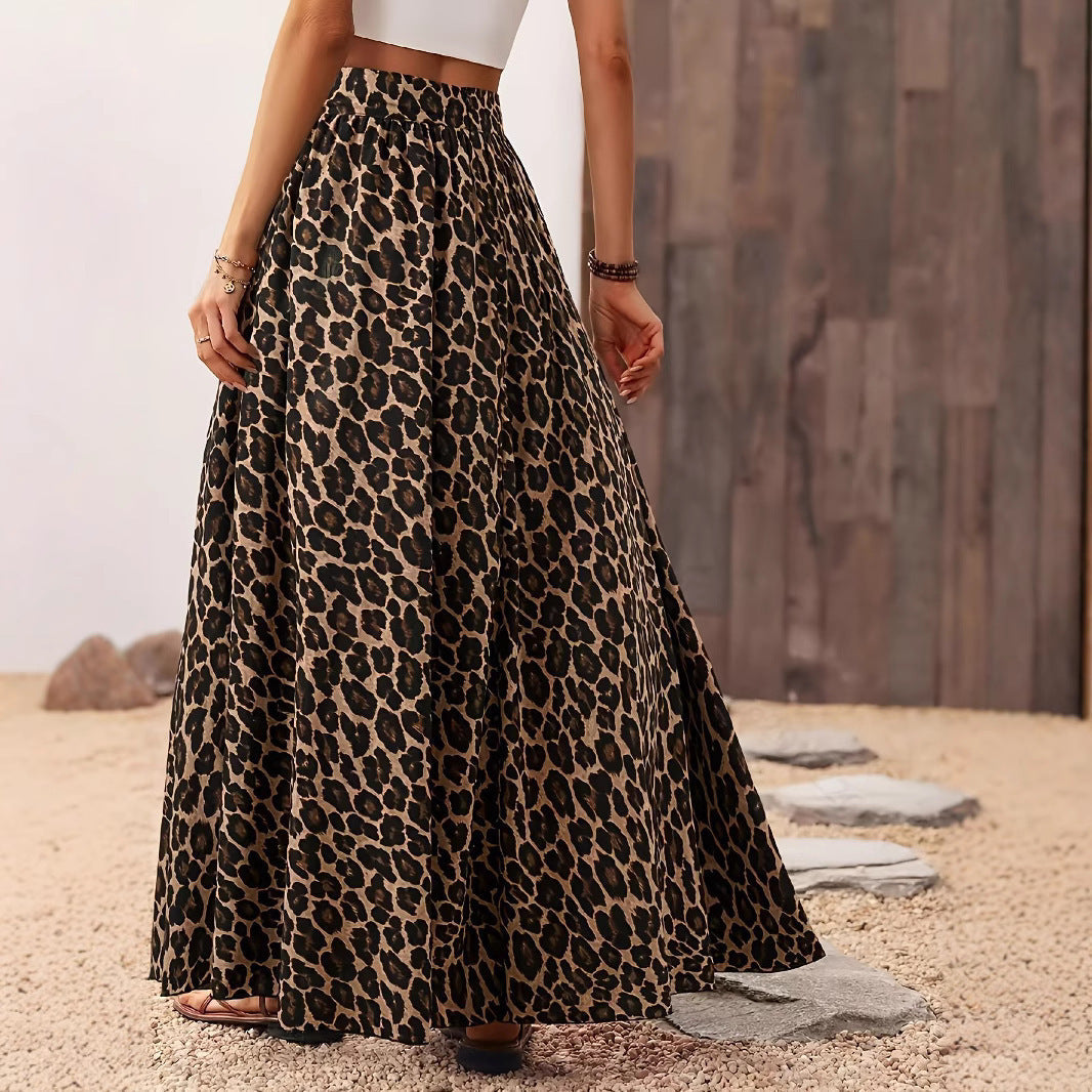High Waist Leopard Print Midi Skirt - Bohemian Vacation Style