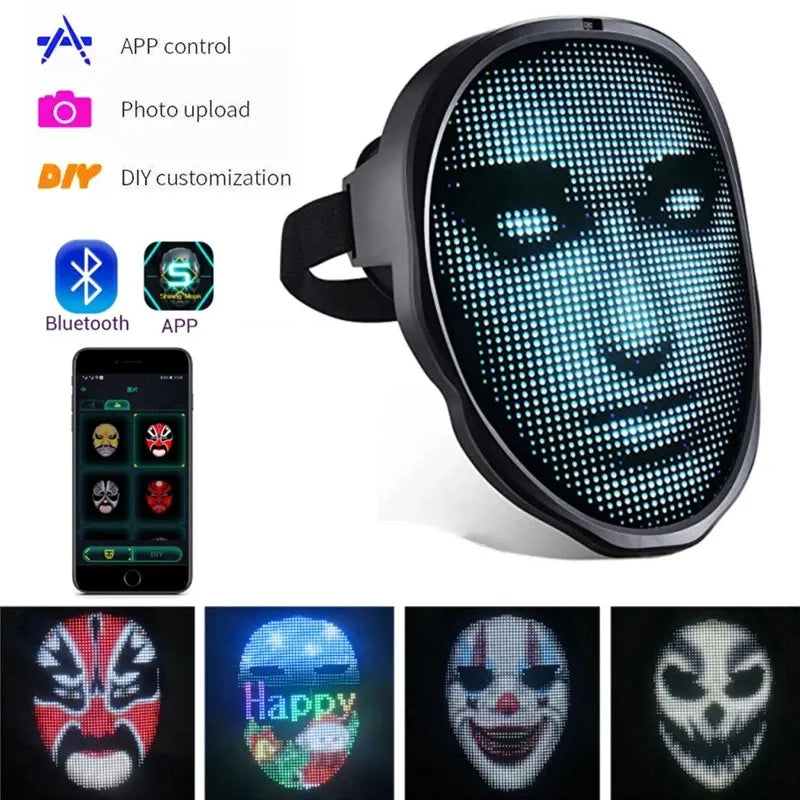 Futuristic LED luminous face mask with black housing and RGB digital display for party events