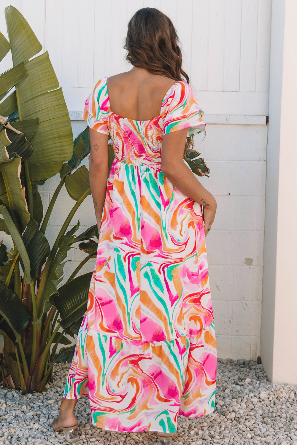 Abstract Ruffle Sleeve Smocked Maxi Dress