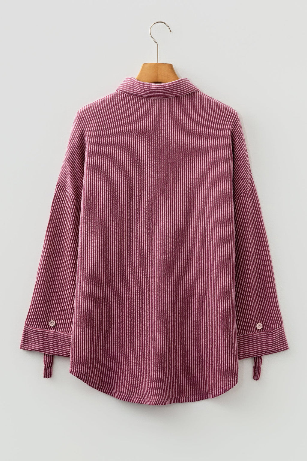 Fiery Red Pink Roll Tab Sleeve Ribbed Shacket | 112