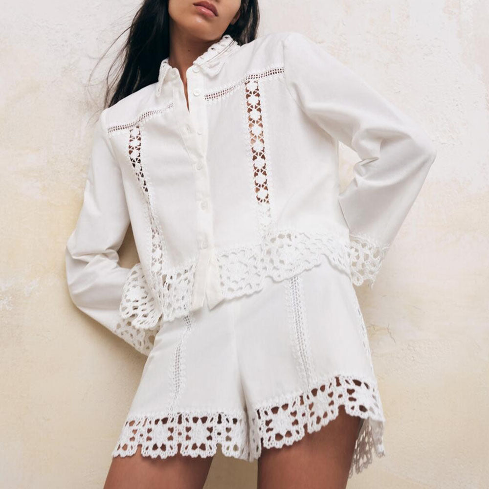 Women's White Lace Hollow Out Jacket with Fringe Detail