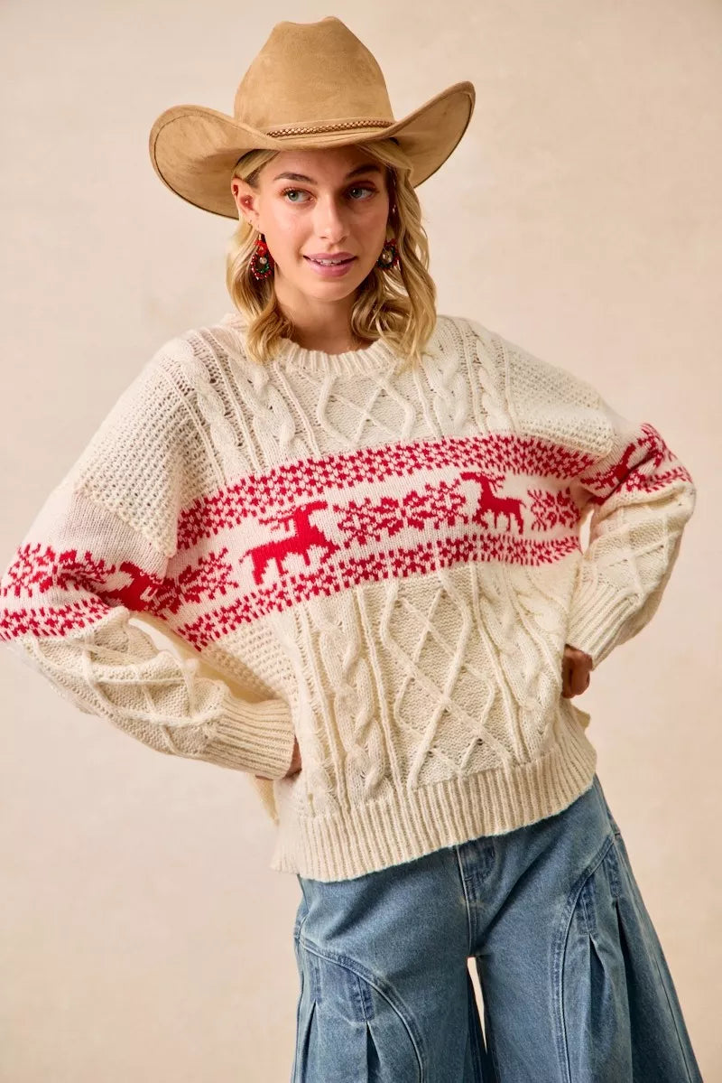 Christmas Fair Isle Cable Knit Sweater in Red