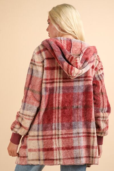 Fuzzy Plaid Hooded Jacket Long Sleeve Warm Casual Shacket