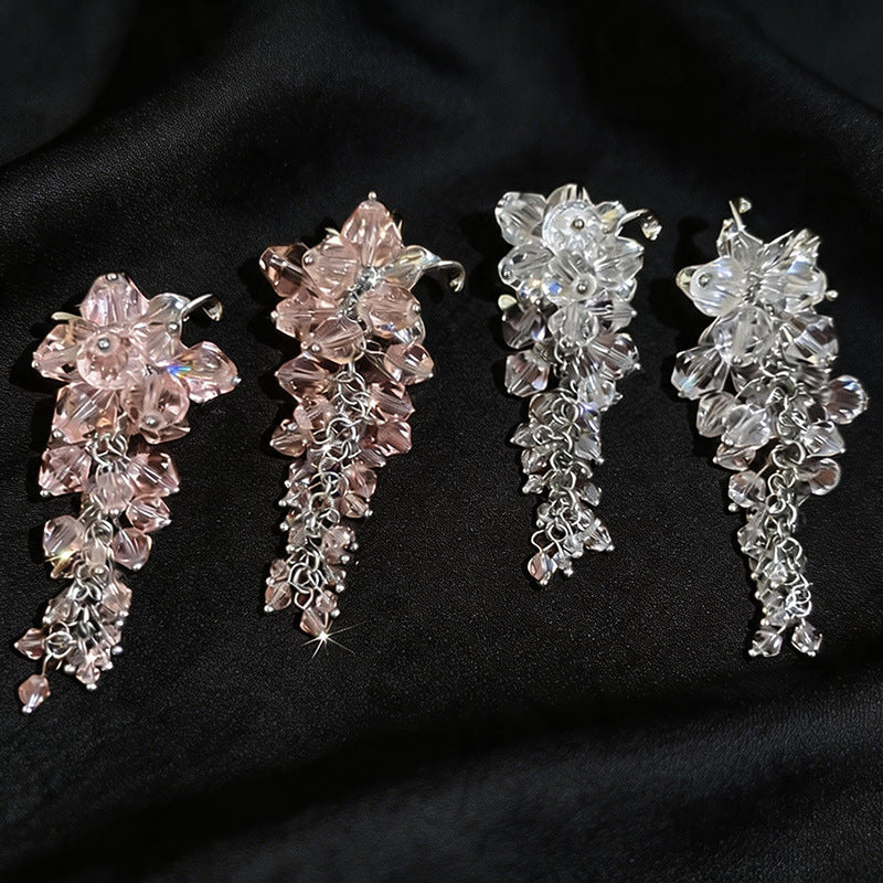 Women Iris Crystal Beaded Tassel Dangle Earrings,Niche Unique Heavy Craft Versatile Fashion Statement Jewelry For Daily Occasion