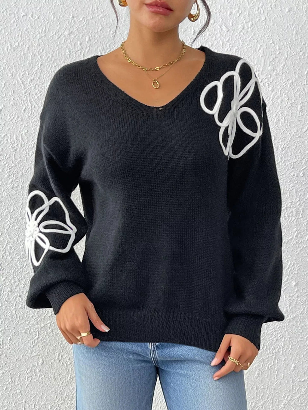 Flower V-Neck Long Sleeve Sweater