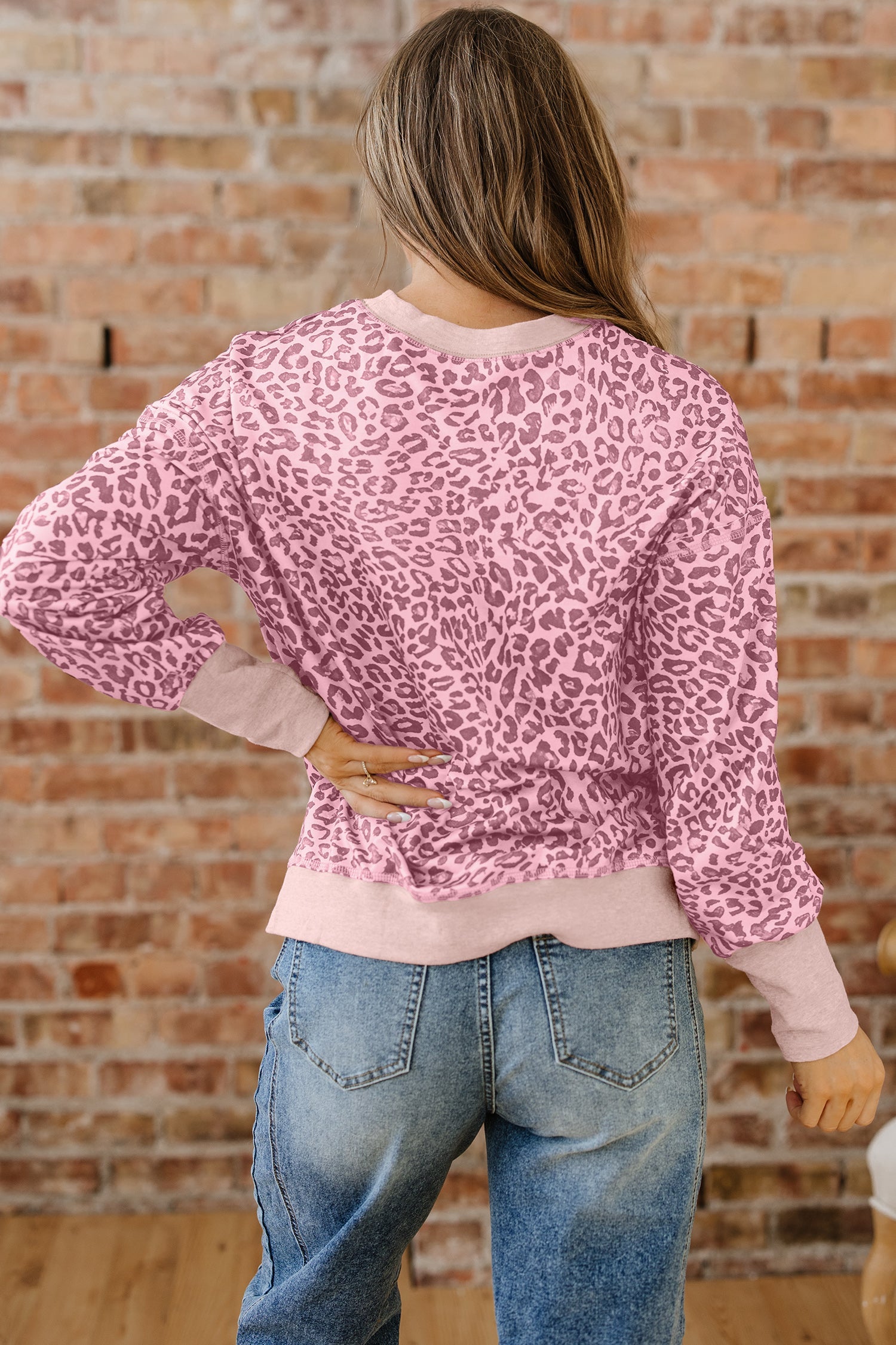 Wrenlee Pink Leopard Print Patchwork Crewneck Sweatshirt - Image 2