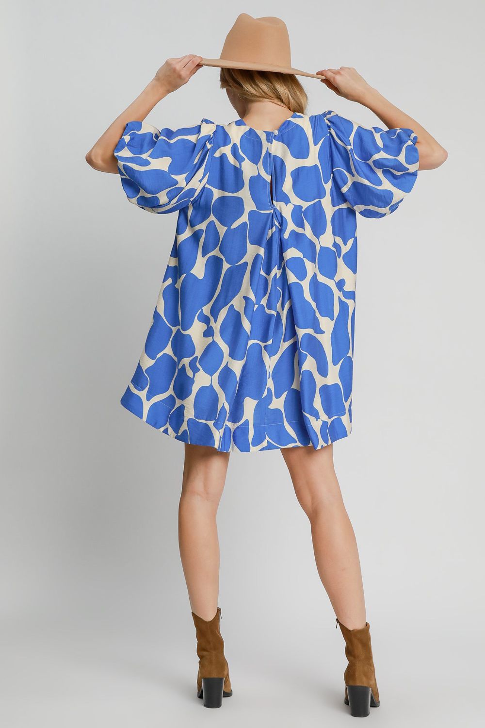 Two Tone Abstract Print Puff Sleeve Mini Dress