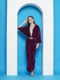 Elegant wine velvet gown paired with a contrasting silver halter neck inner.
