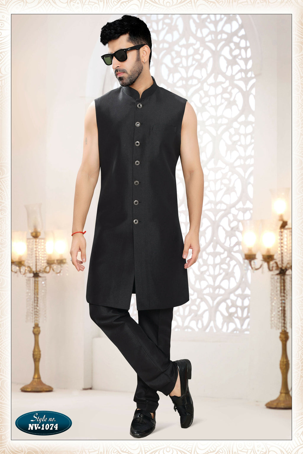 Men's Black Silk Thread and Sequence Embroidered 3 Pc Kurta Set