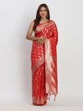 Beautiful red Banarasi silk saree with a matching blouse, perfect for weddings and cultural festivals.